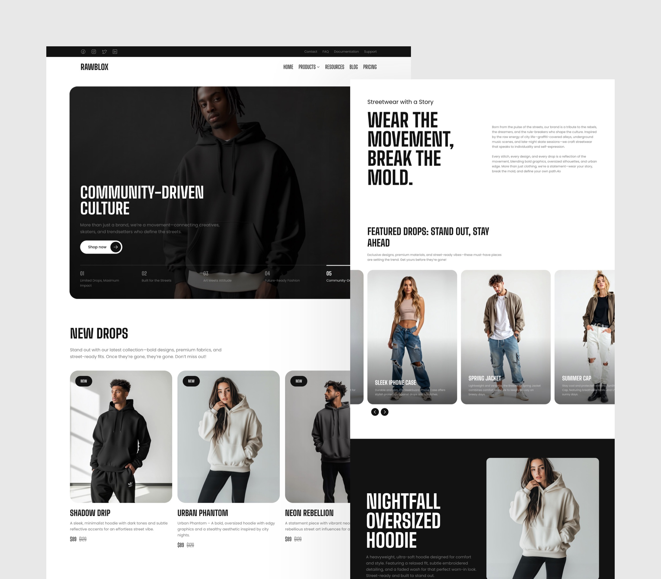 Shop landing page Framer template built with Frameblox UI kit clothes component design ecommerce framer header hero home landing page section shop slider slideshow store streetwear template ui webdesign website
