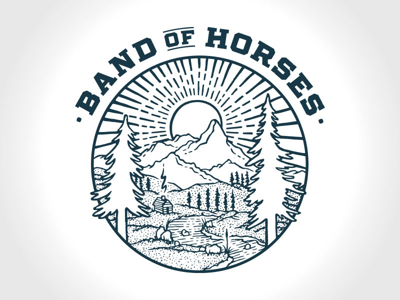 Band of Horses merch band of horses band tee cabin graphic design graphic tee illustration indie rock landscape merch mountains sunset vector