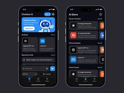 Chatbot AI 🤖 Dark Ver. | Chat & AI Store Page 📃 app apps dark design discover mobile pop popular product design trending ui ui design ux ux design