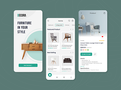 Decora Furniture - Mobile App app design armchairs decoration e commerce furniture home decor interface interior intro screen landing page minimal mobile app product screen sofa splash screen table ui ux web page website