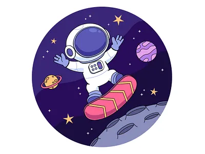 Cartoon astronaut surfing in space astronaut branding cartoon character colorful cute design galaxy graphic design illustration logo planet space star surf surfing ui