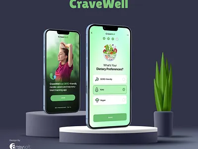 The mobile app named "CraveWell" designed by Ansysoft acidreflux adobephotoshop aifoodtracker calorietracking cravewell diettracker digestivehealth gerd gerddiet gerdmanagement guthealth healthapp healthyeating healthylifestyle macronutrienttracking mobileapp nutritionapp personalizednutrition refluxrelief weightloss