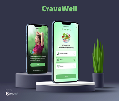 The mobile app named "CraveWell" designed by Ansysoft acidreflux adobephotoshop aifoodtracker calorietracking cravewell diettracker digestivehealth gerd gerddiet gerdmanagement guthealth healthapp healthyeating healthylifestyle macronutrienttracking mobileapp nutritionapp personalizednutrition refluxrelief weightloss