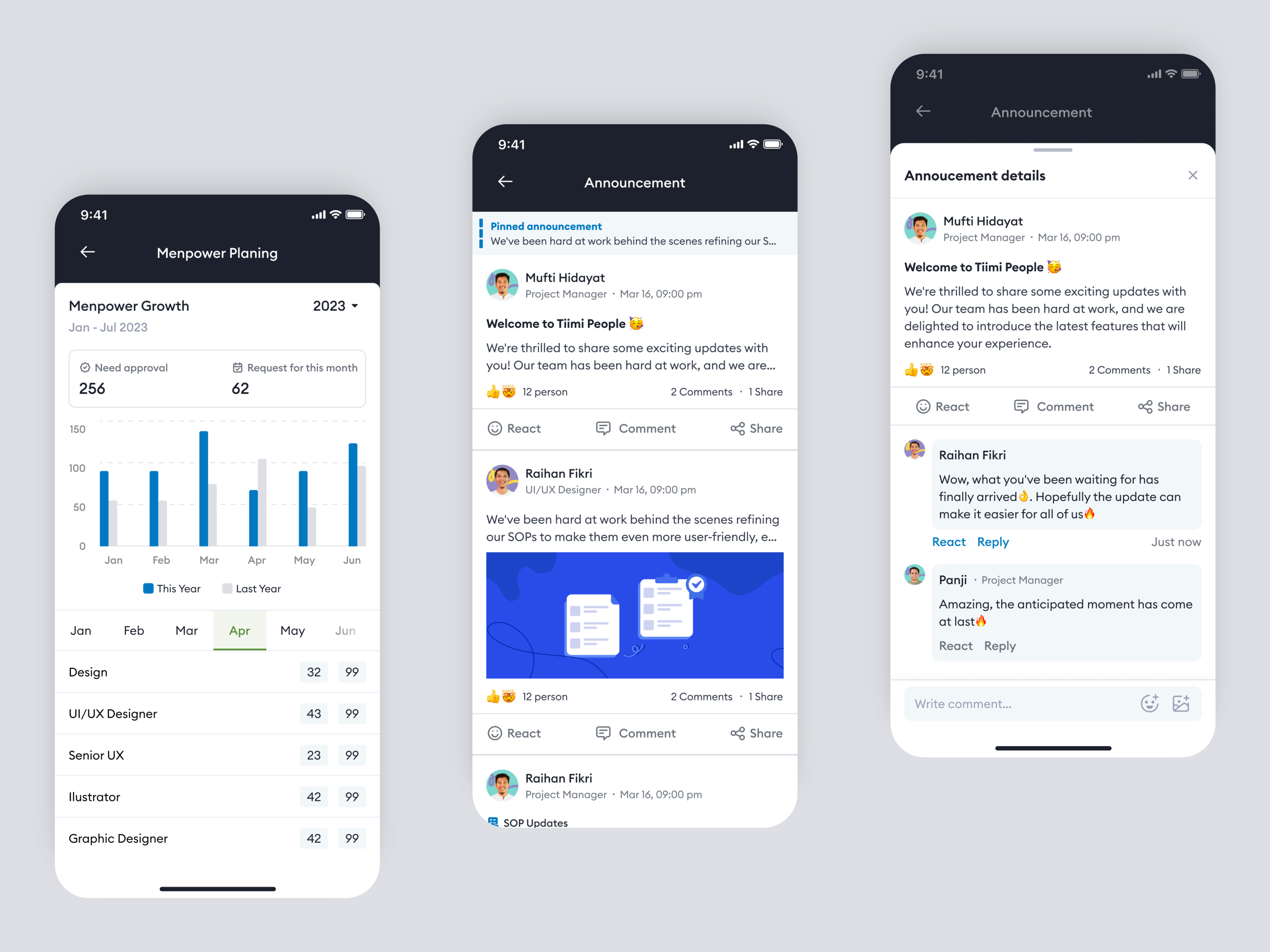 Tiimi Mobile – Company Workforce Planning & Announcement Feed announcement feed company employee management hiring hr management hrd hrm hrms internal communication job menpower planing mobile app design mobile ui product design saas saas design ui design ux design web design workforce planning
