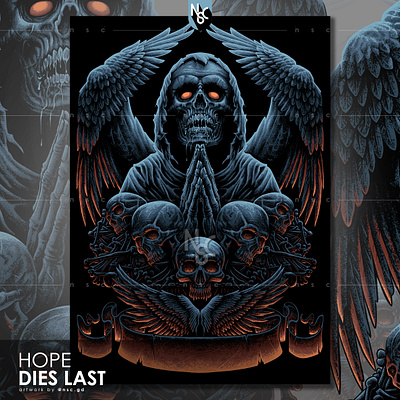 HOPE DIES LAST album cover design apparel clothing dark death gothic gothic art halloween hope horror metal art metal band metal merch monster nft scary skeleton skull spooky wings