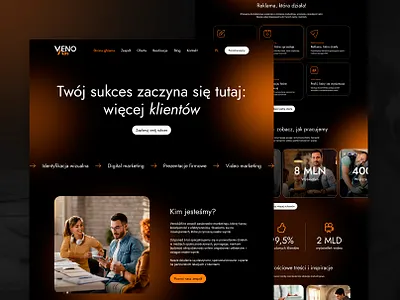 Veno ADS Social Media Agency Figma UI Design creative agency dark mode desktop web figma figma layout figma template marketing agency mobile app modern layout orange reels marketing social media agency social media marketing studio ui design ui ux design web design web site