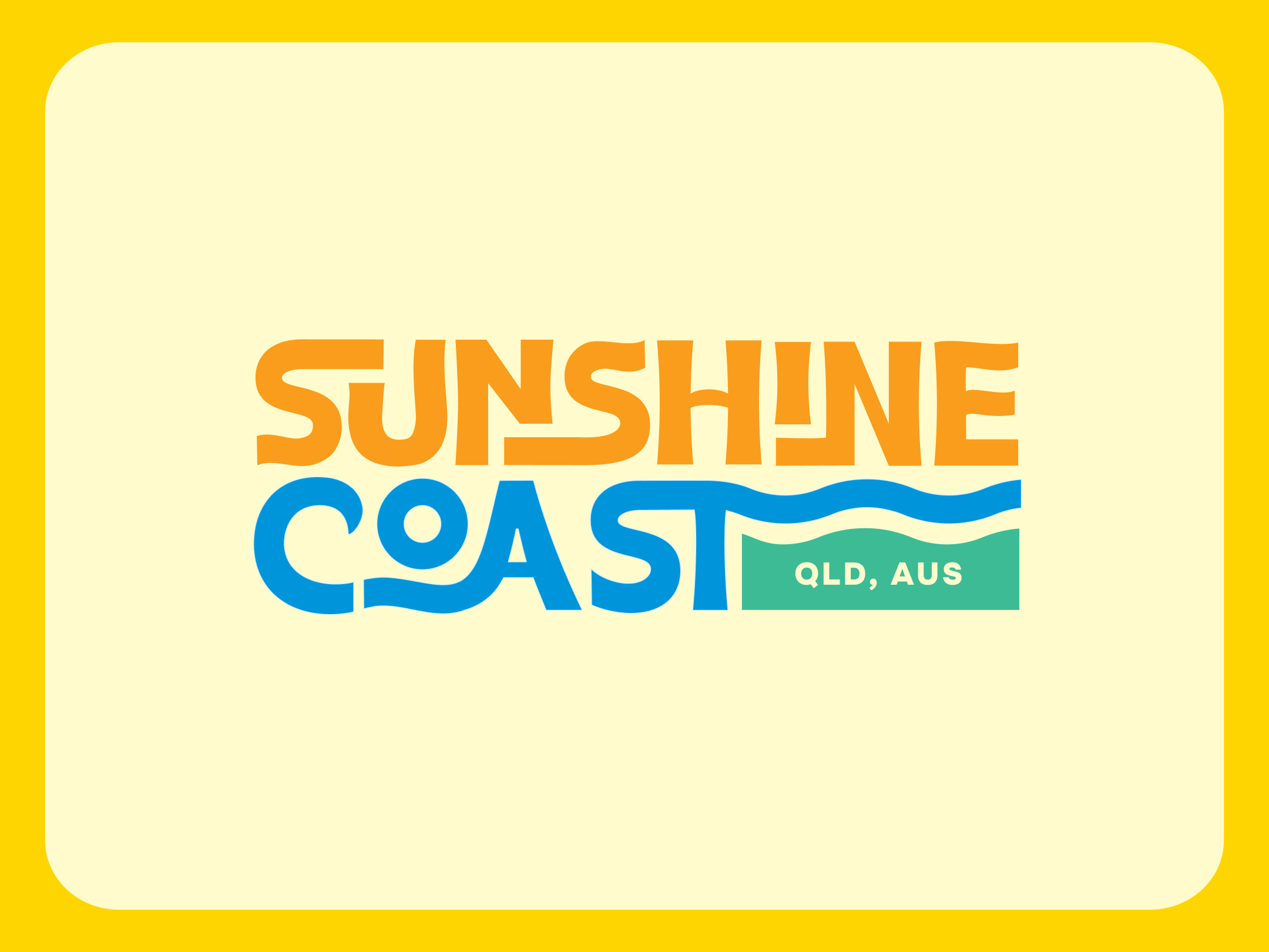 Sunshine Coast Wordmark beach bright coast coastal fun green happy logo nature ocean playful sea sun sunny sunshine typeface vector waves wordmark yellow