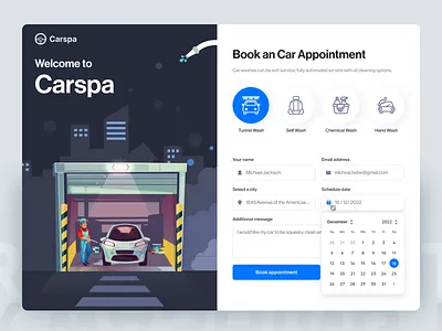 Car Wash Appointment Booking Form UI appointment booking booking car wash contact contact form contact us figma form log in login minimal minimalism sign up signup simple split screen web design
