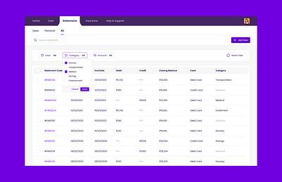 Bank statement bank component design design system filter statement ui web