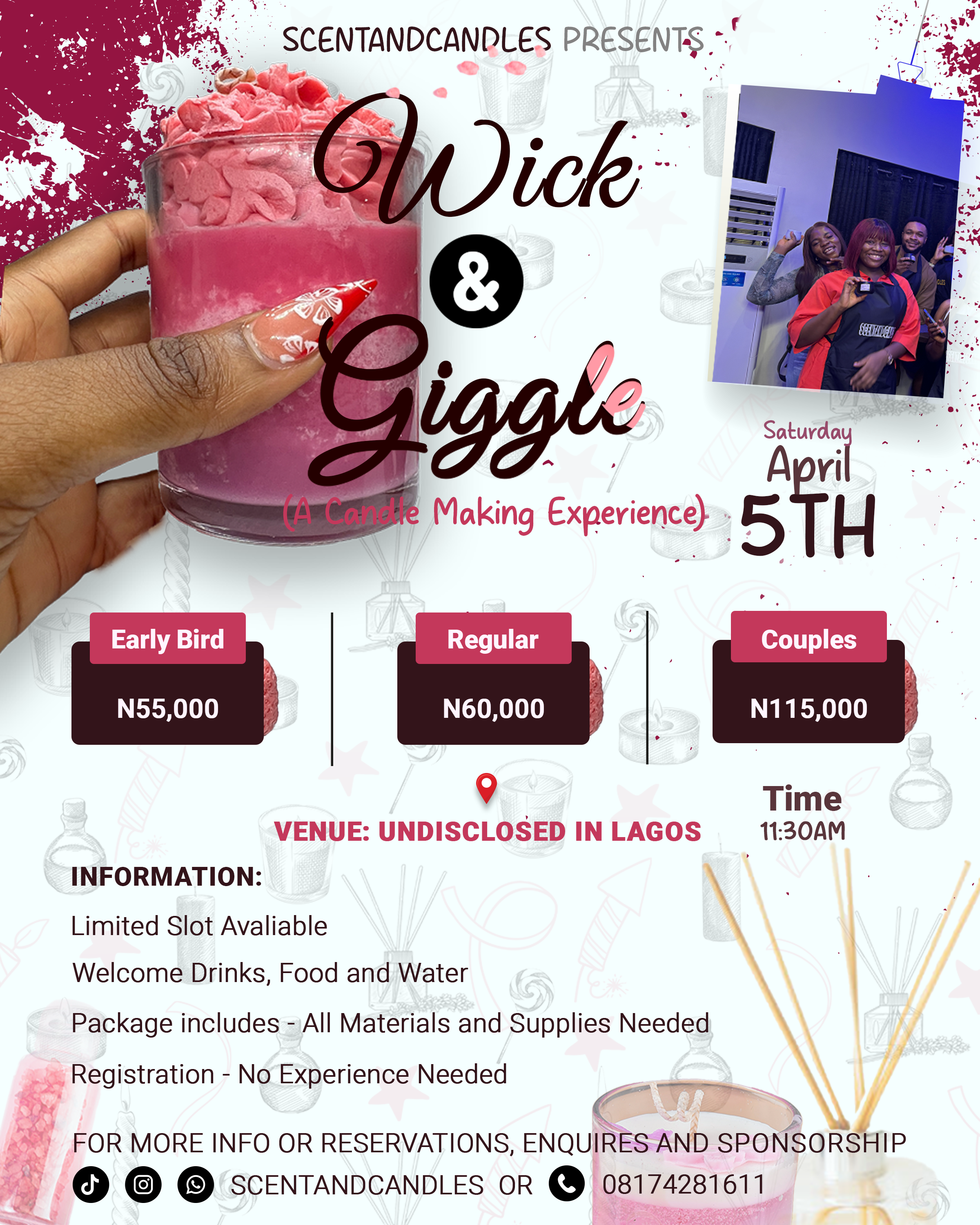 Wick and Giggle 2🎉 candle flyer graphic design paint and sip party poster