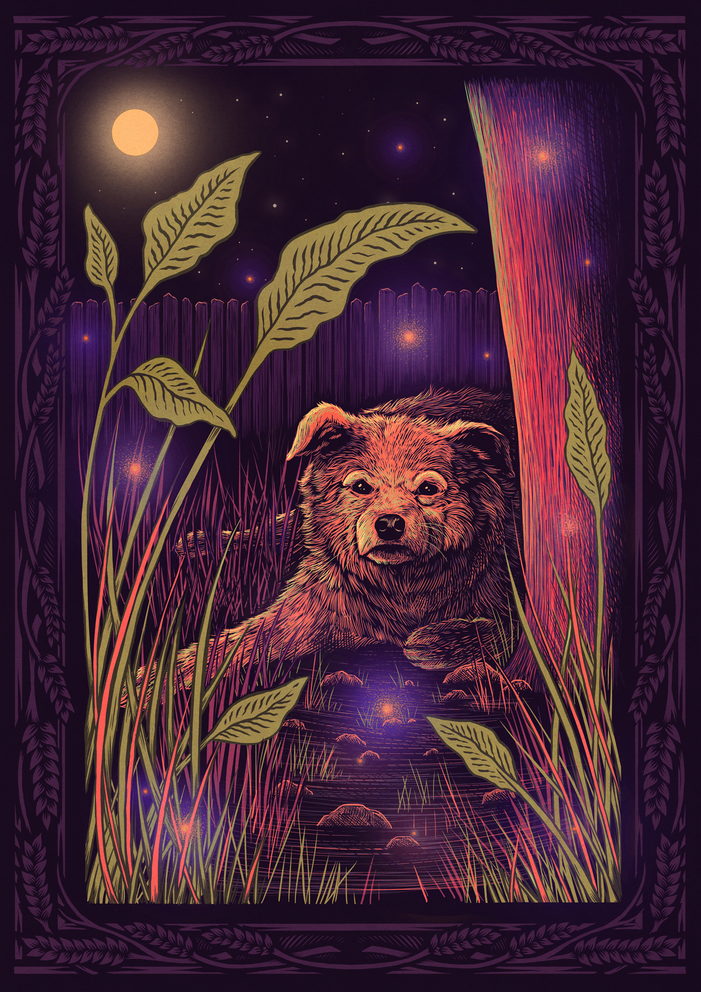 2023 art colourful dog drawing floral illustration moon nature night scene wildlife