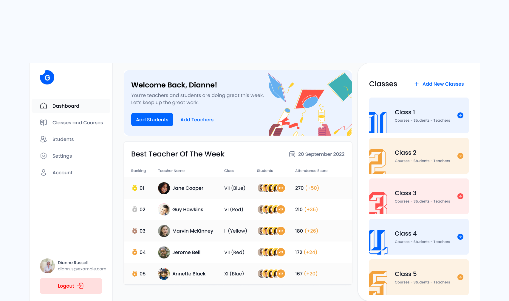 School Dashboard with Attendance Portal app attendance br clean dashboard design education figma illustration interface madewithfigma modern portal school teacher ui user friendly ux web3 website