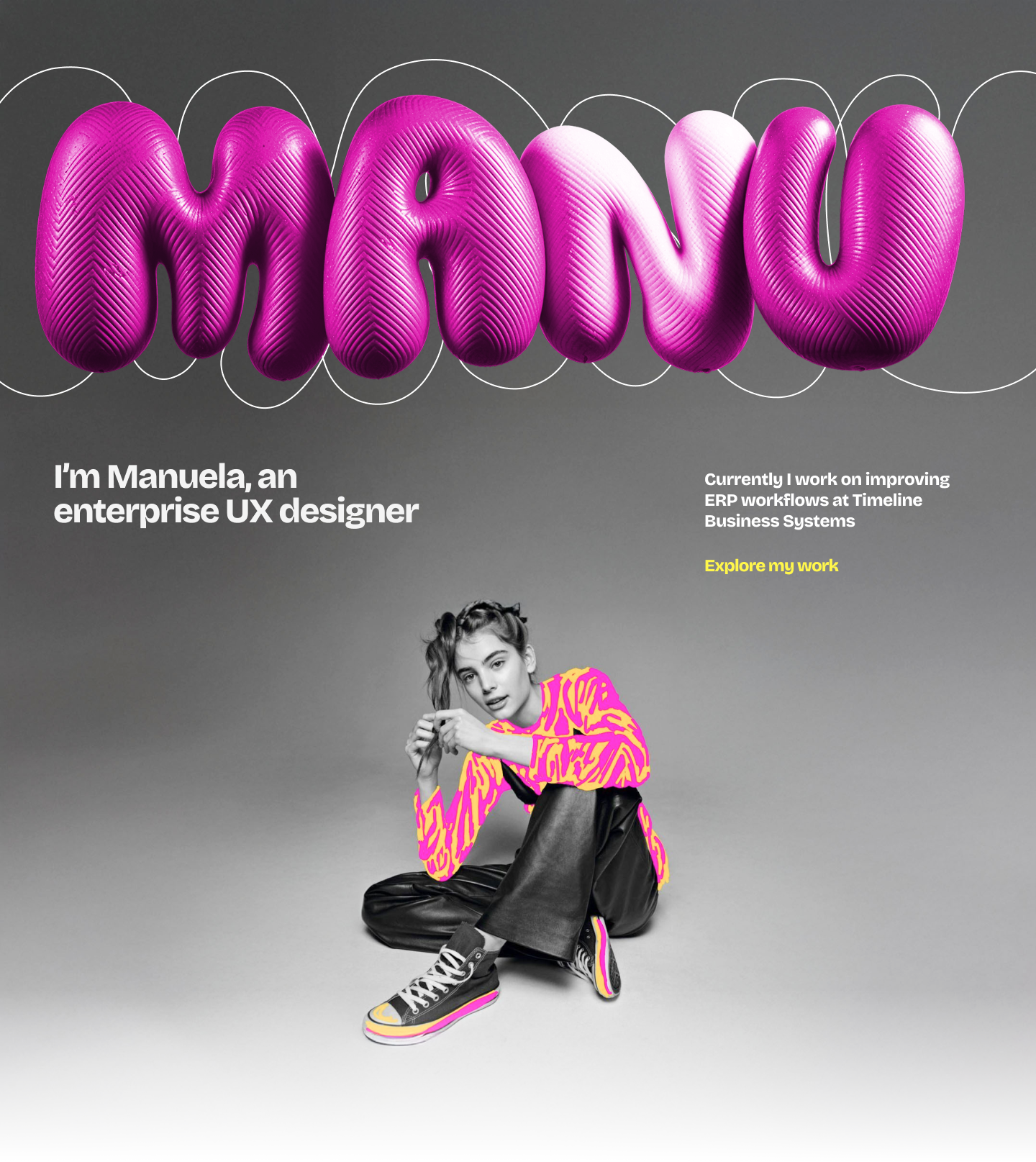 UX designer portfolio website header 3d bold branding colorful homepage inflated portfolio typography website