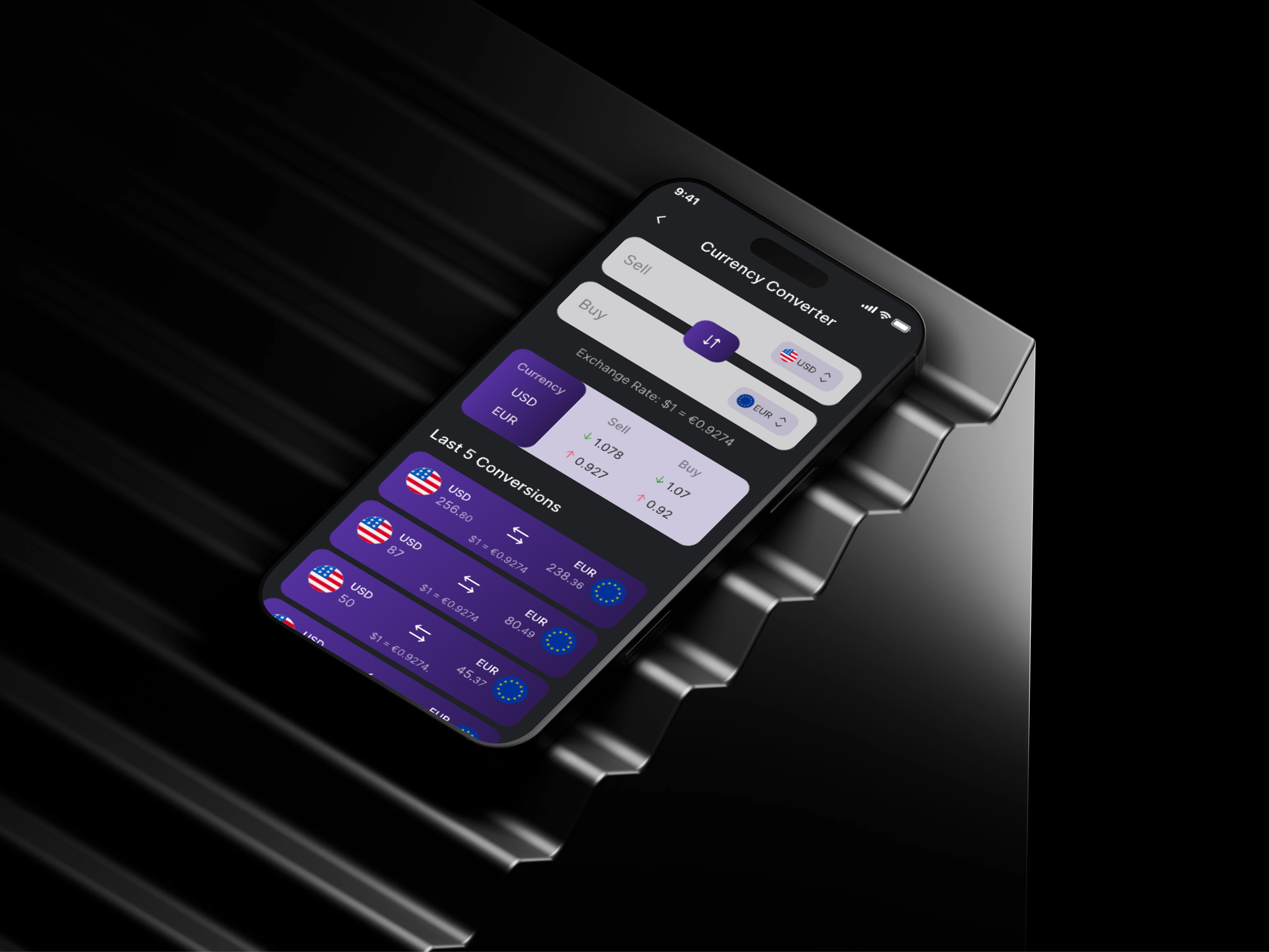 Currency Converter App banking black charts converter currency design dollar euro explore money purple ui