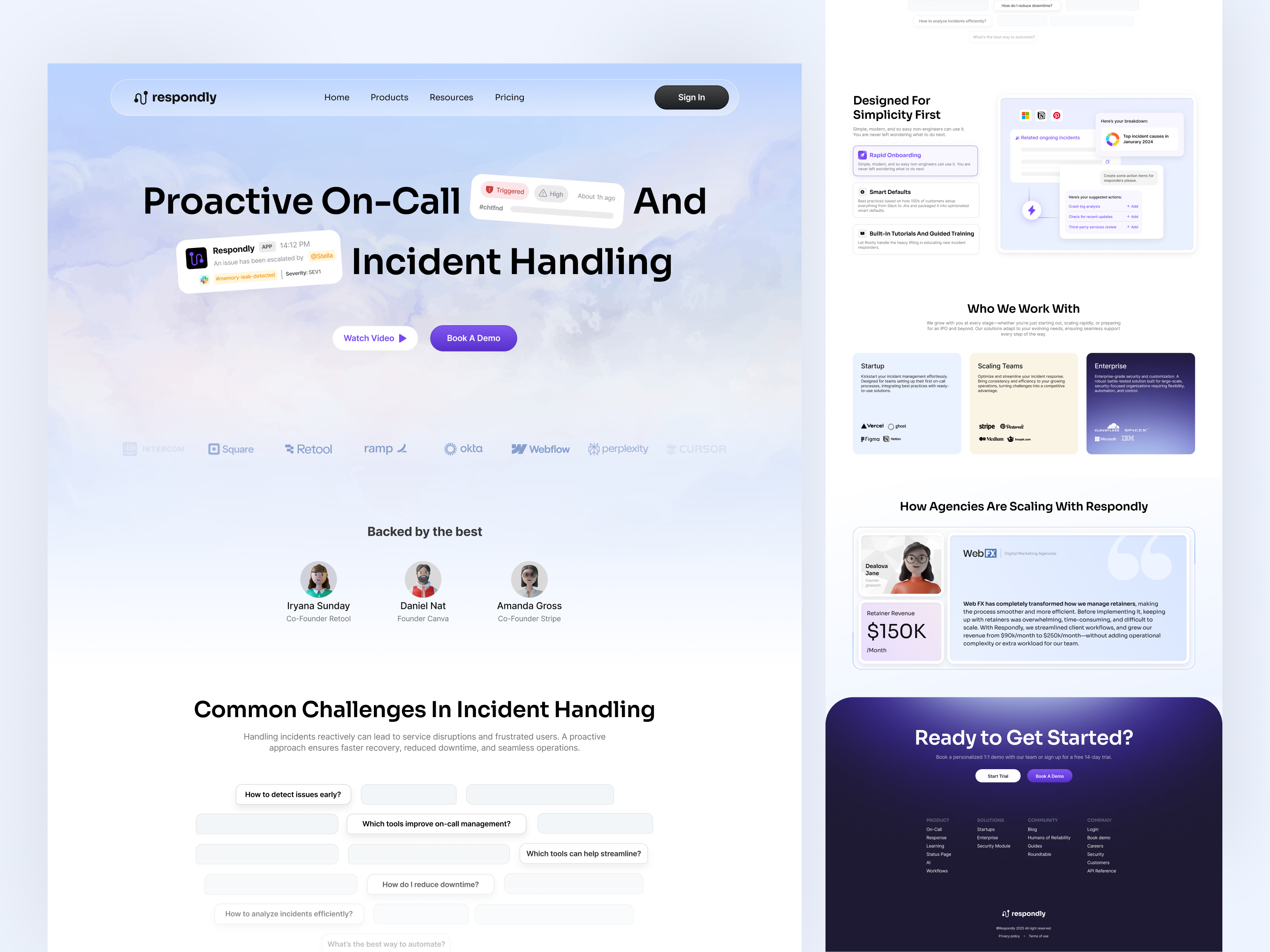 Respondly - IT Operations Management Web bento card clean website customer support customer support teams footer gradient incident management landing page minimalist design modern ui on call alerting operational response solutions saas software as a service tech companies telecommunications testimonial ui design web design