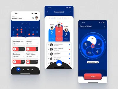 Gamified E-Learning/Education App app app design blue colorful e learning education entertainment gamification leaderboard learning mobile modern playful red spin ui ui design user interface ux wheel