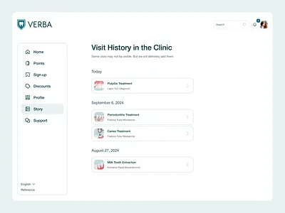 VERBA - Visit History in the Clinic branding clinic dashboard dental graphic design login medical patient profile story theeth ui ux visit history webdesign