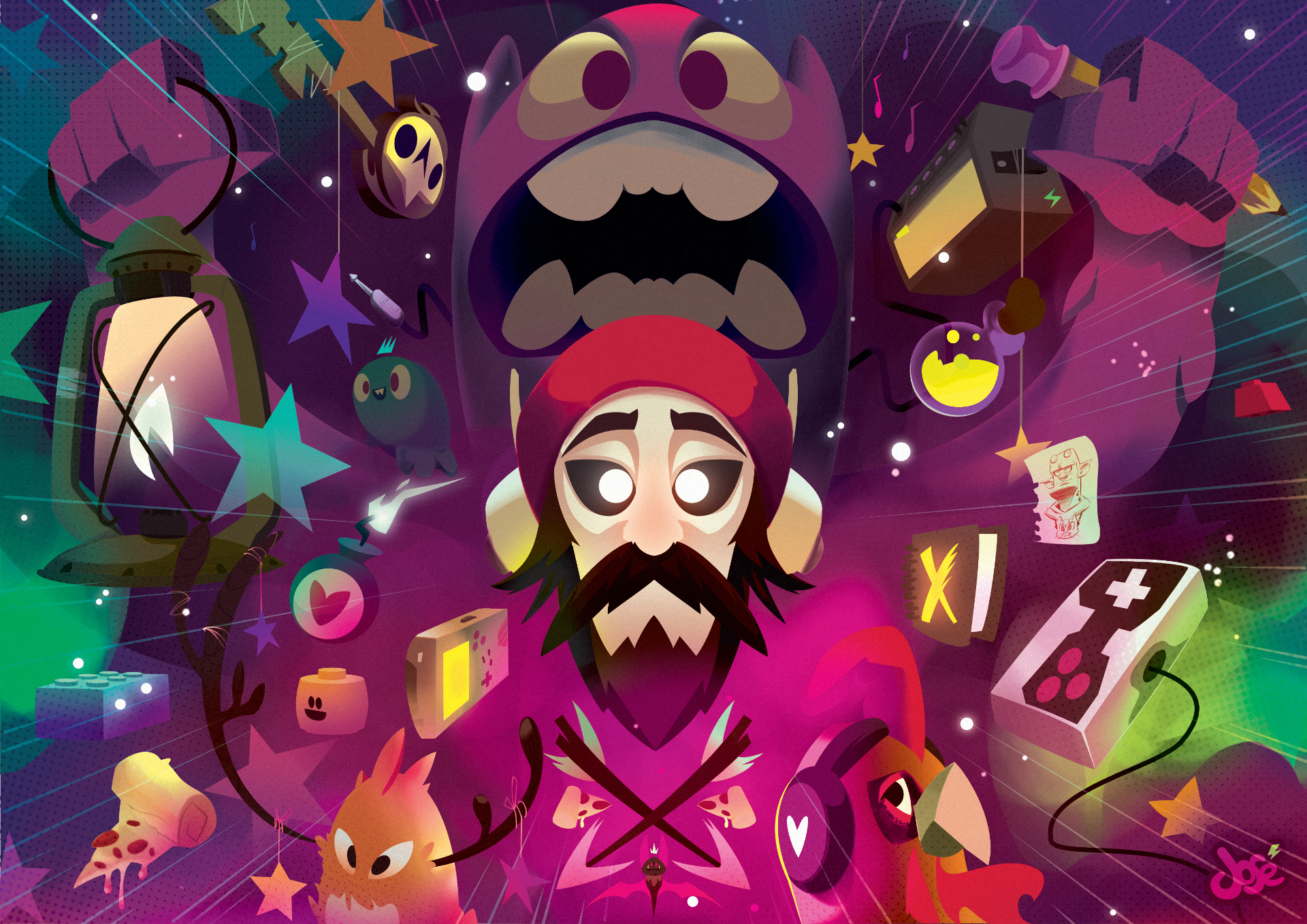 Mind Games Self Portrait affinity affinitydesigner colorful design digitalart illustration illustrator imagination monsters pizza vector videogames