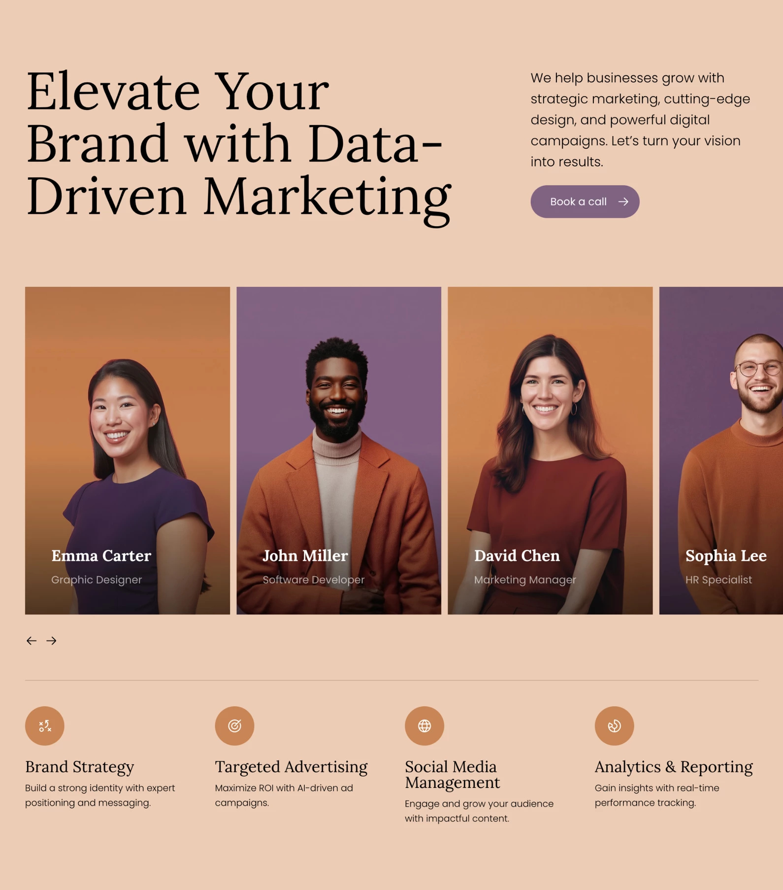 Website Hero section for Framer agency avatar carousel clean cta headline hero home landing orange page pastel photos purple slider team ui webdesign website yellow