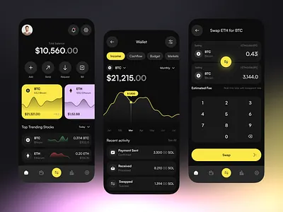 Crypto Trading Mobile App app bitcoin card chart clean crypto dark design finance fintech gradient minimal mobile mode swap trading transaction ui ux wallet