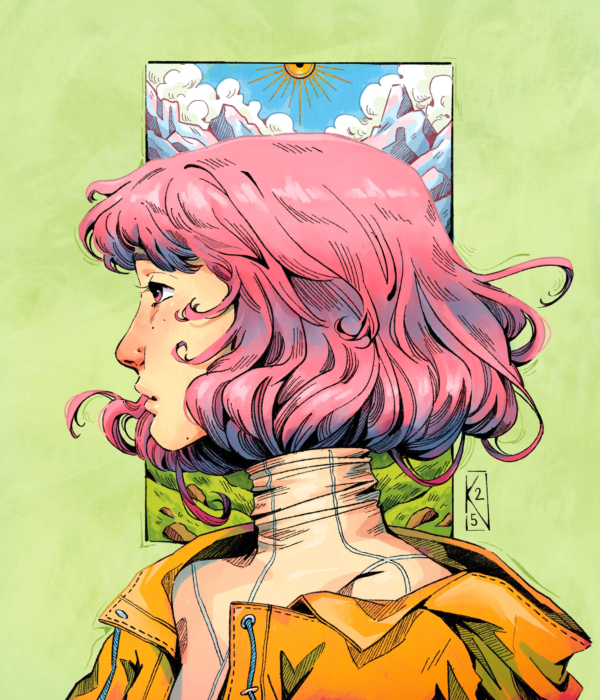The Mountaineer digital art digitalart drawing illustration mountains painting pinkhair portrait procreate procreateapp