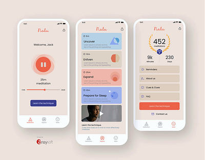 The mobile app named "Nalu" designed by Ansysoft. adobephotoshop affirmations audiomeditation bodyawareness breathingexercises deeprelaxation guidedmeditation guidedmeditationbenefits innerpeace meditationpractice meditationteacher mentalclarity mindfulness mobileapp narratedmeditation relaxationtechniques selfcare stressrelief visualization wellbeing
