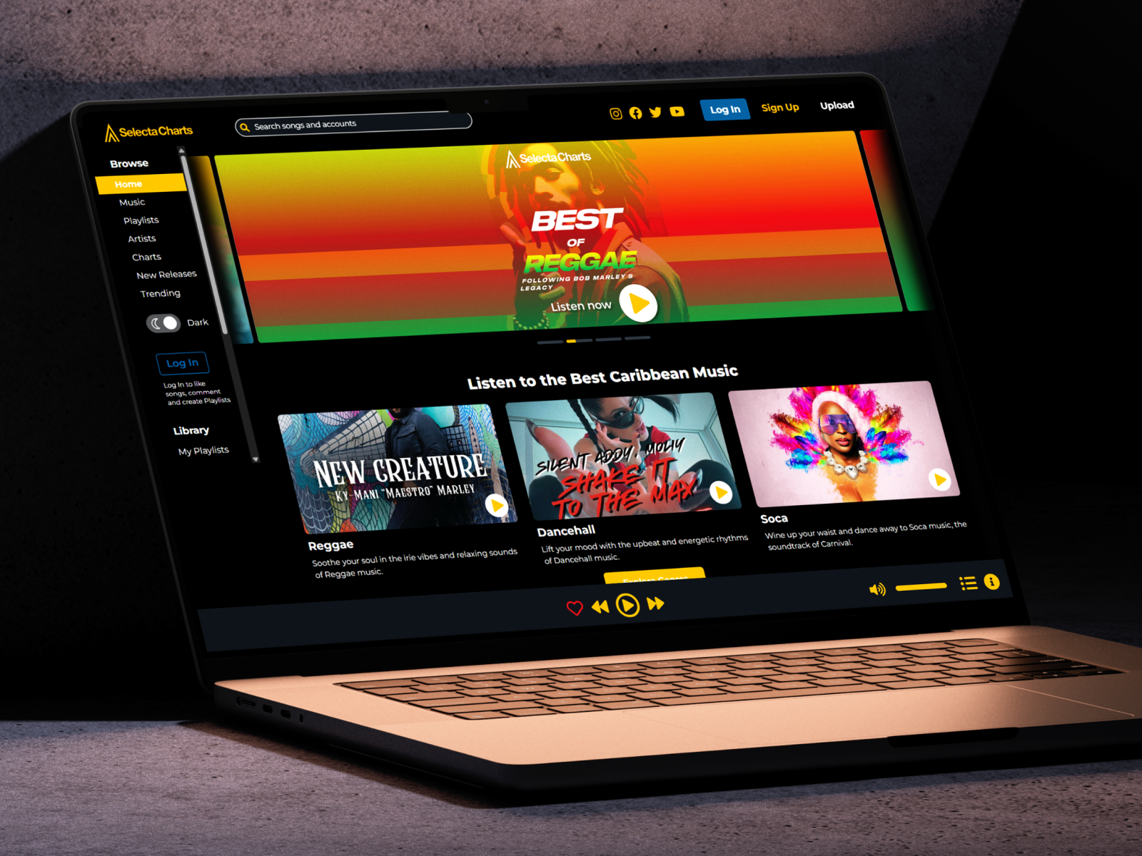 Music Streaming Platform – Web Design & Development audiostreaming caribbeanmusic creativewebdesign darkmodeui dashboarddesign frontenddevelopment minimaldesign musicapp musicplayer musicstreaming productdesign responsivedesign streamingplatform uidesign uiux uxdesign webapp webdesign websiteui