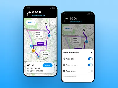 Waze App - Alternate Routes card driving app filters google ios ios app map map app menu mobile mobile app navigation navigation navigation app product design routing toggle ui ux design uxui waze