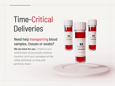 Visualizing Time-Critical Deliveries 3d 3d motion animation box delivery healthcare interactive landing page medical motion graphics red samples swabs transport ui ux website