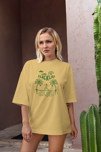 Slackline Club of St. Pete T-shirt | Apparel Design Mockup apparel design apparel design mockup design digital art digital illustration girl hand drawn illustration palm trees retro illustration retro t shirt design slackline st. pete tshirt design