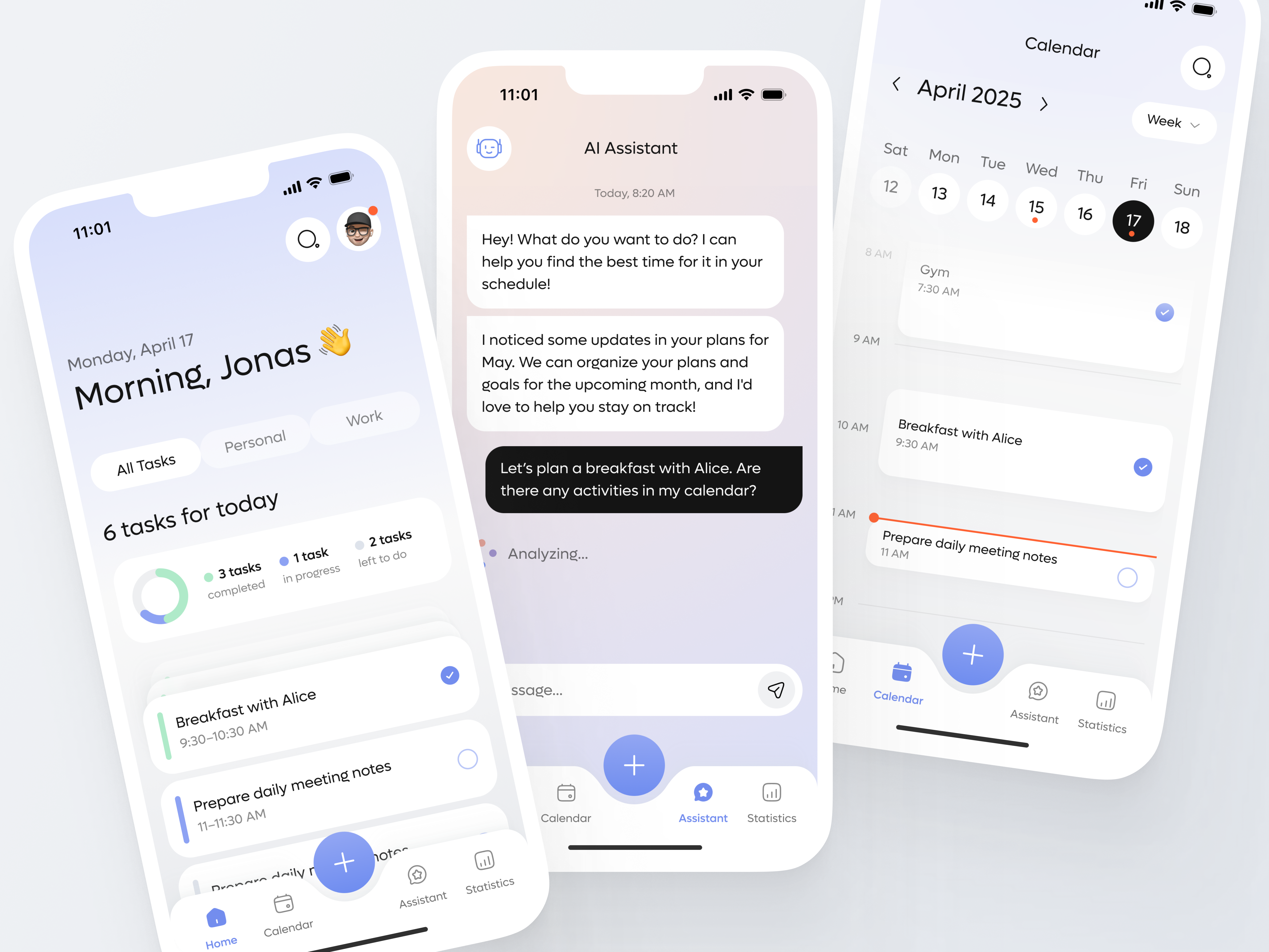 Smart Planner UI – Your Schedule, Upgraded by AI activity ai ai assist app automation bot calendar card chat dashboard ios product reminder schedule task app task list task management user interface