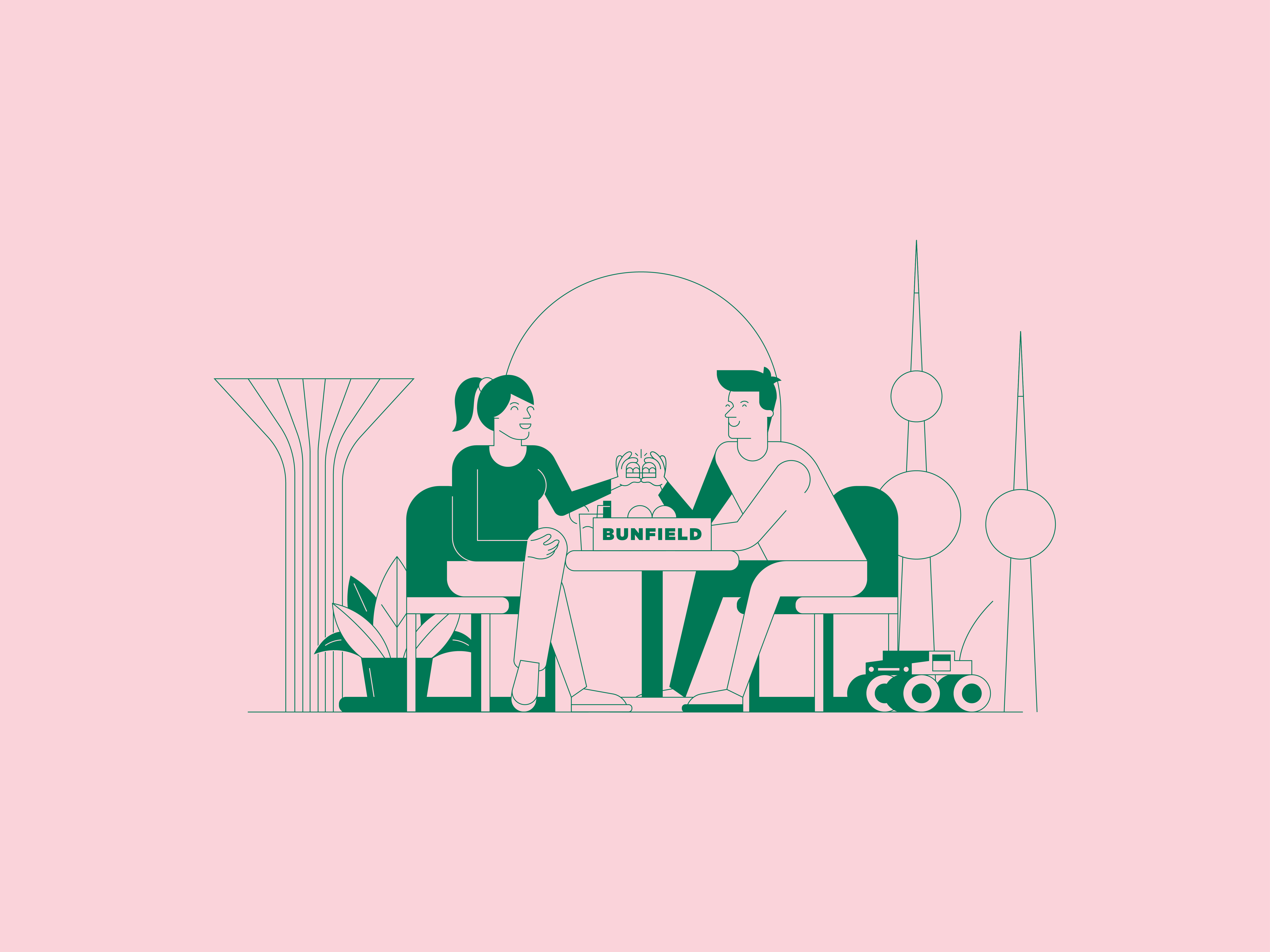 Bunfield bakery branding bread bun character connection couple creative branding flat graphic design hand drawn illustration kuwait towers landscape logo logotype packaging people simple vector