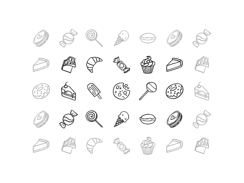 Hand Drawn Sweets Themed Icon Pack bakery cake candy cheesecake chocolate cookie donut doodle drawn hand icon pack icons lollipop macaron pastry pattern pen brush sweets vector art