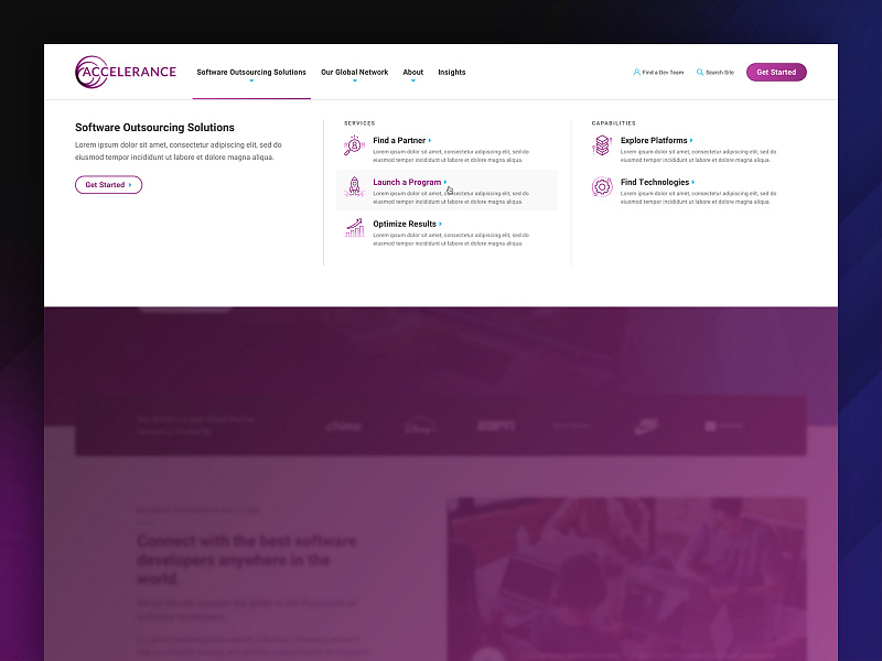 Accelerance - Mega Menu button clean columns design icon impactful mega menu navigation overlay professional purple services simple sophisticated tray ui ux