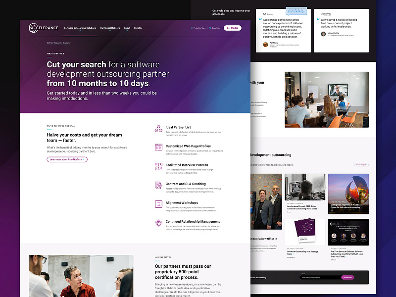 Accelerance - Find A Partner page blue button clean design diagonal icon impactful layout overlay people photography professional purple simple sophisticated texture ui ux website white