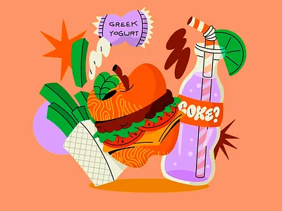Playful Food Collage Illustration abstract food art bold colors burger coke colorful art digital illustration fast food fast food elements food food art food composition food culture graphic design green fries illustration modern graphic design orange playful illustration pop art