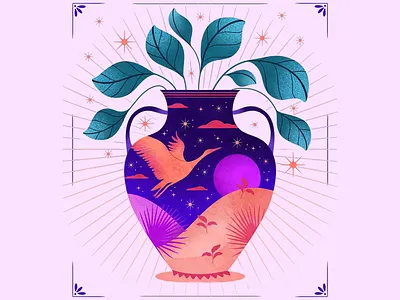 Celestial Dreamscape in a Vase artistic fantasy cosmic elements creative decorative vase digital art dreamy design graphic design inspiration magical atmosphere magical design modern illustration moonlit magic mystical vase nature and cosmos purple stars surreal illustration surrealism vibrant whimsical design
