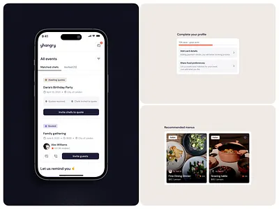 Private chef marketplace: Dashboard chef dashboard event event crad list marketplace menu product card profile progress responsive ui design wallet