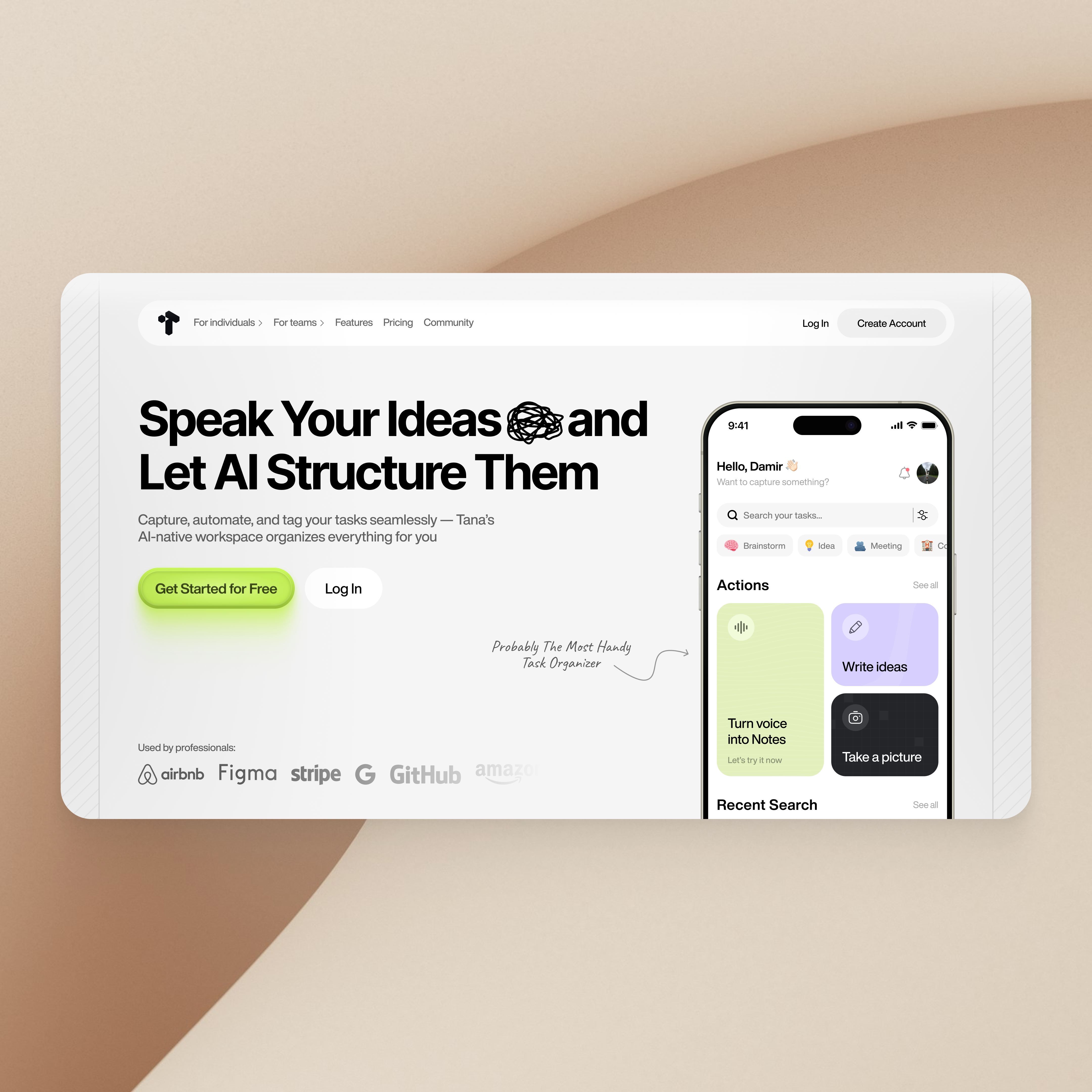 Hero Section | Tana 💛 app design cta design figma hero hero section iphone landing page design lime redesign task manager ui uiux web design