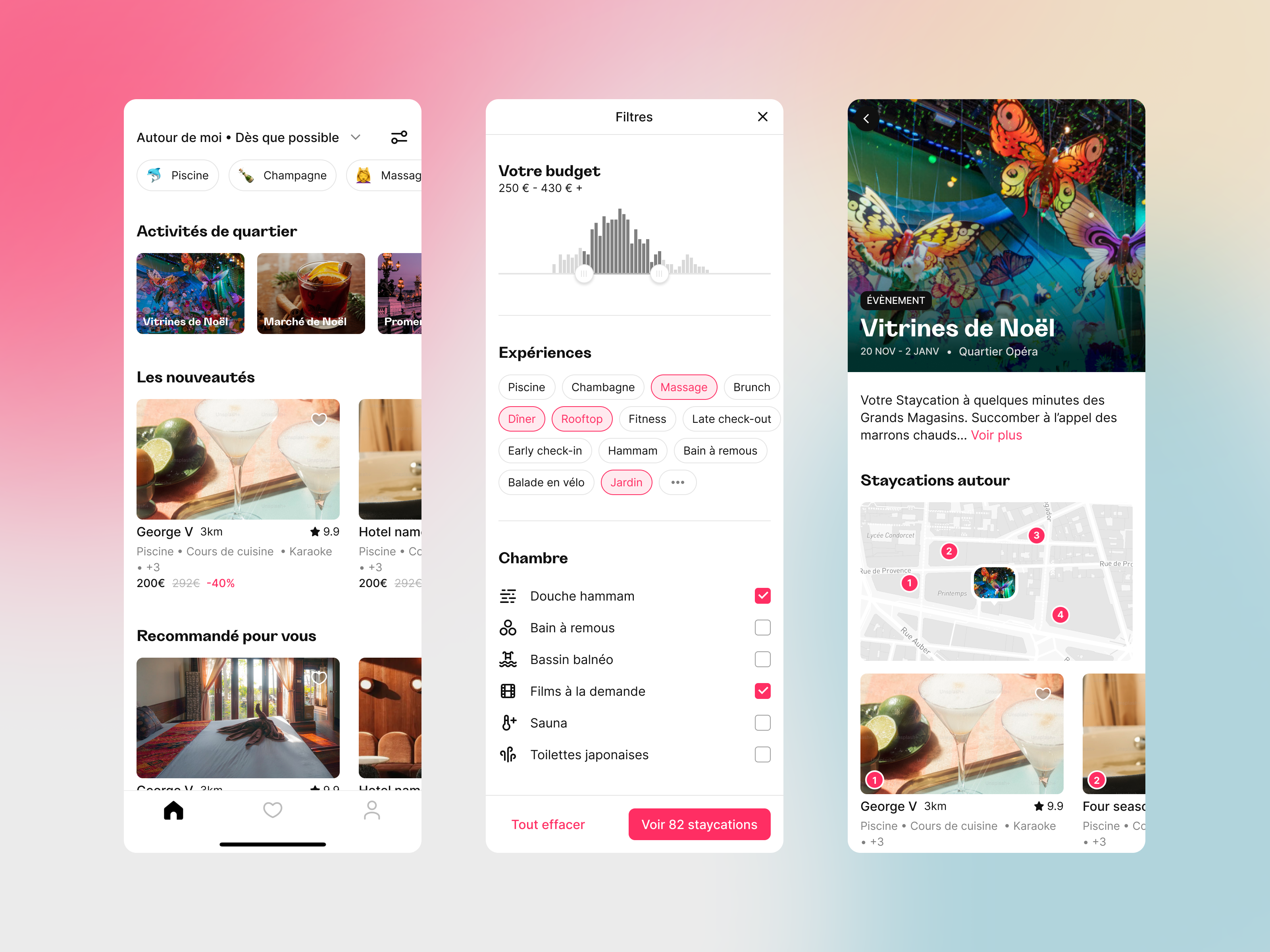 Découverte d'hôtels par évènements et activités booking events filters mobile ui