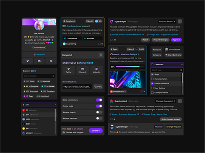 Dark UI components button states card component components dark theme design system filtering filters input modal product design profile search style guide tags toggle ui ui kit ux widgets