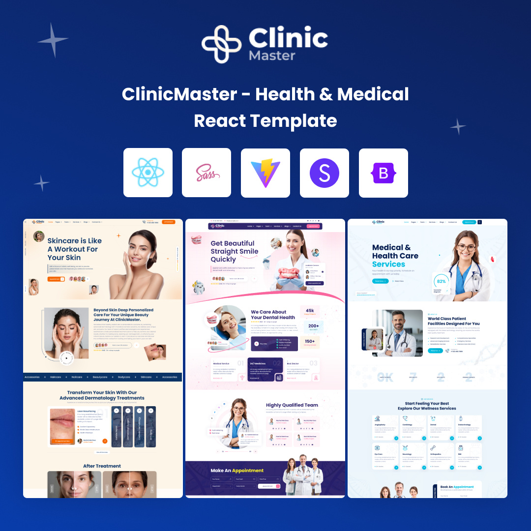 ClinicMaster - Health & Medical React Template branding creative design illustration logo product design template ui uiux website