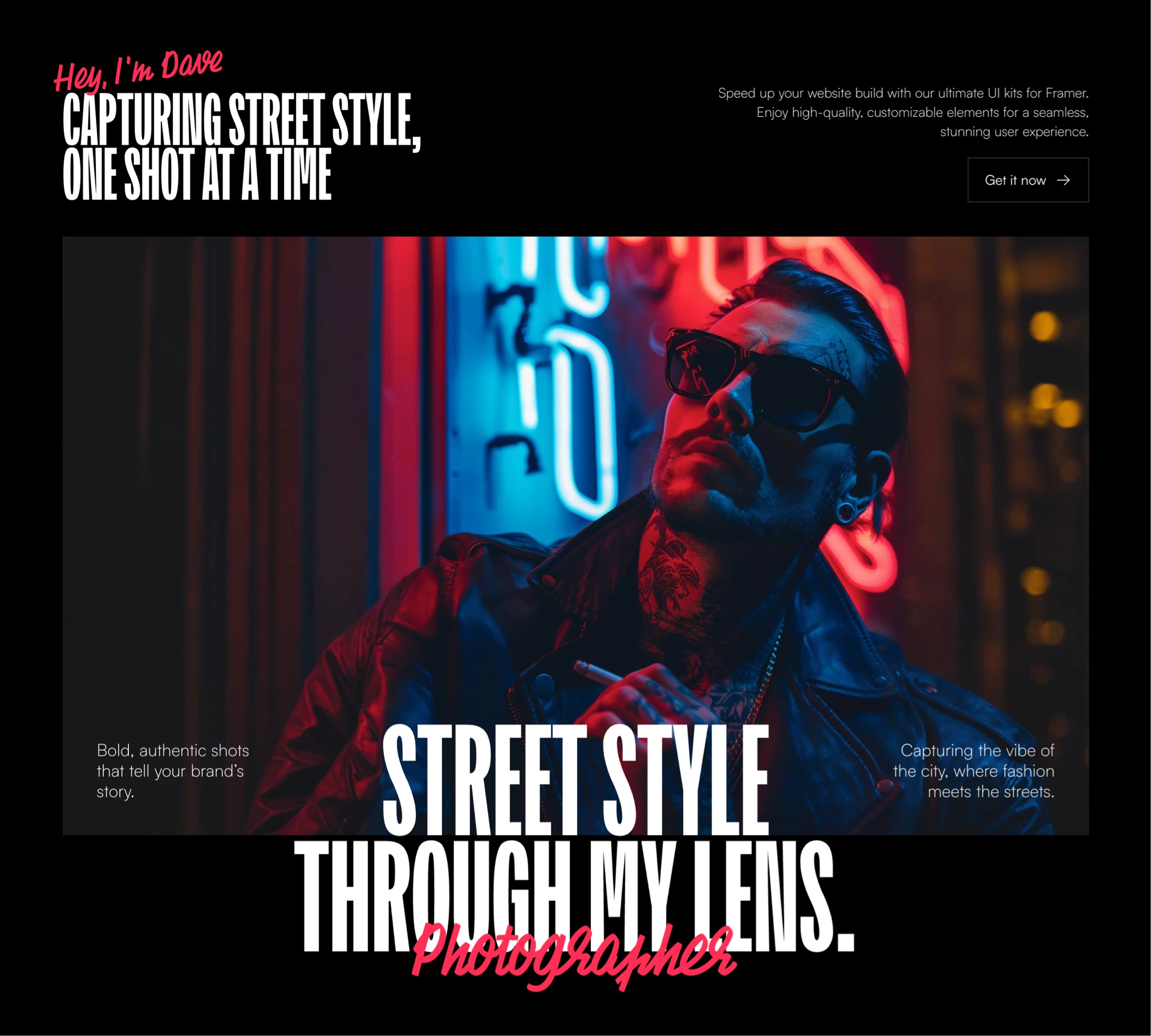 Dark Portfolio website Hero section for Framer component cta dark framer header headline hero home landing personal portfolio section template typo ui web webdesign website