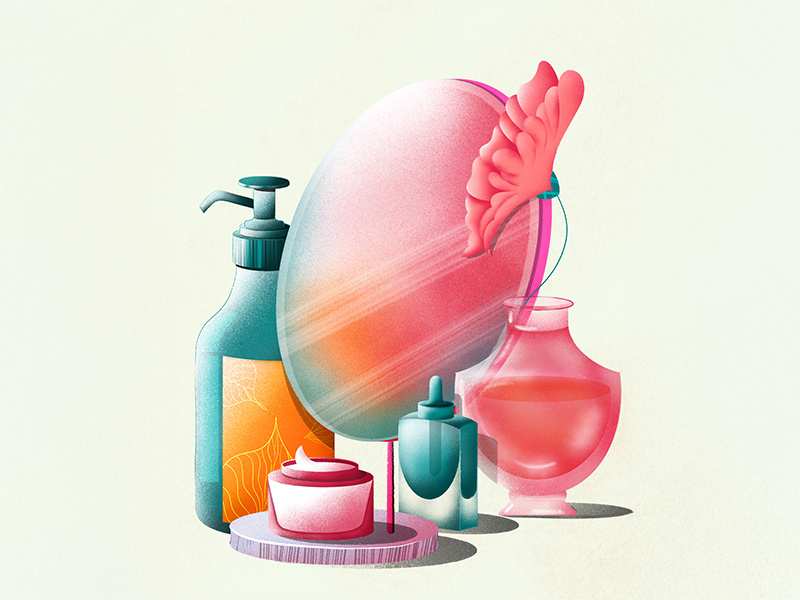Everyday Rituals beauty bottles digital illustration facecream flower mirror moisturiser perfume pink poster design procreate serum skin care texture vanity