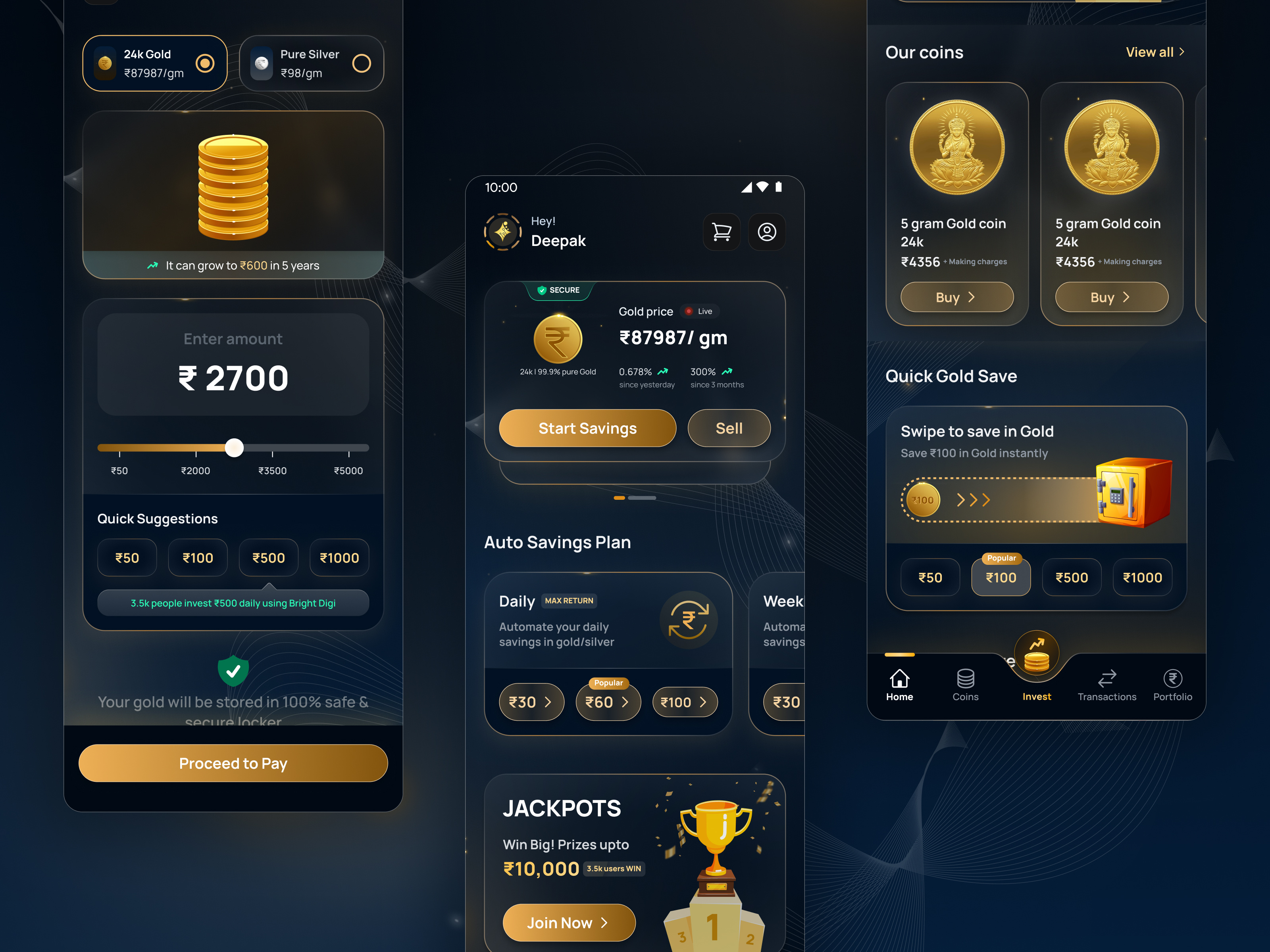 GOLD APP app bottomnav cards glassmorphism gold gold coins homepage invest latest silver silver coins ui ux yellow