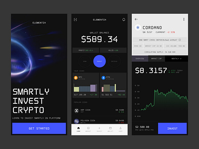 Crypto App design for Elementix app banking btc buy credit crypto cryptocurrency debit ethereum figma ios market marketplace nft onlinebanking pay payment purchase ui ux