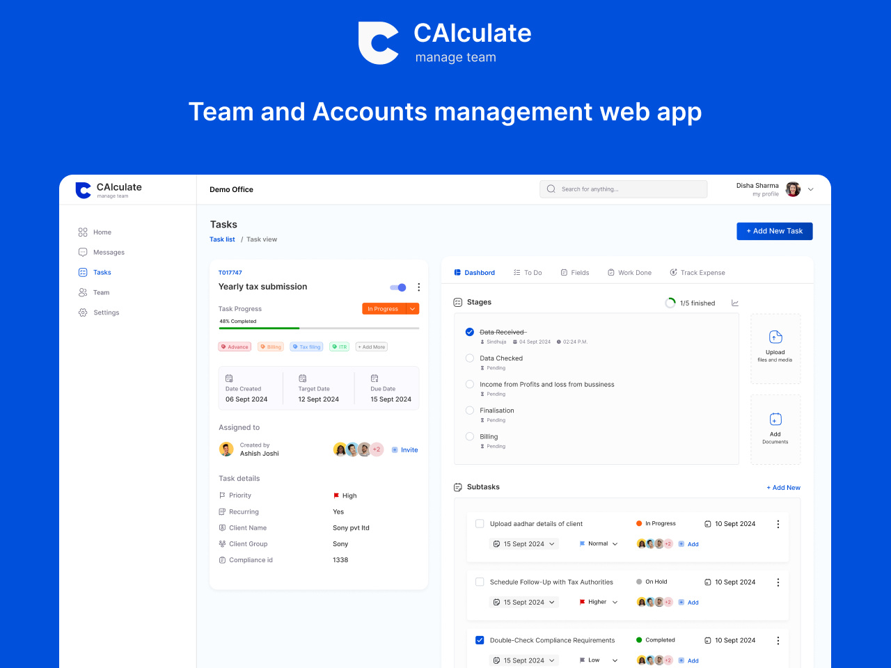 CAlculate - Management web app for Charted Accountants accounts accounts software dashboard management software prototype task management team management uiux web app