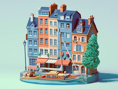 Village in Normandie 🇫🇷 3d animation architecture boat c4d characterdesign cinema4d france illustration isometric loop normandie normandy octane port village