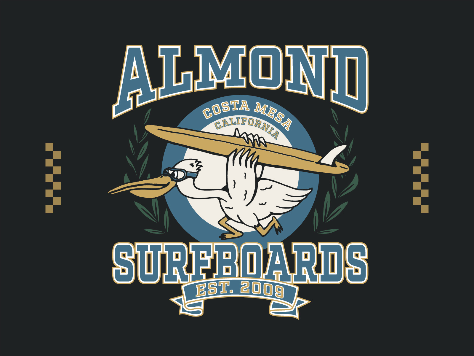 Almond Athletics Design Concept almond apparel art direction athletics california design illustration pelican print surf surfboard t shirt typography ucla vector