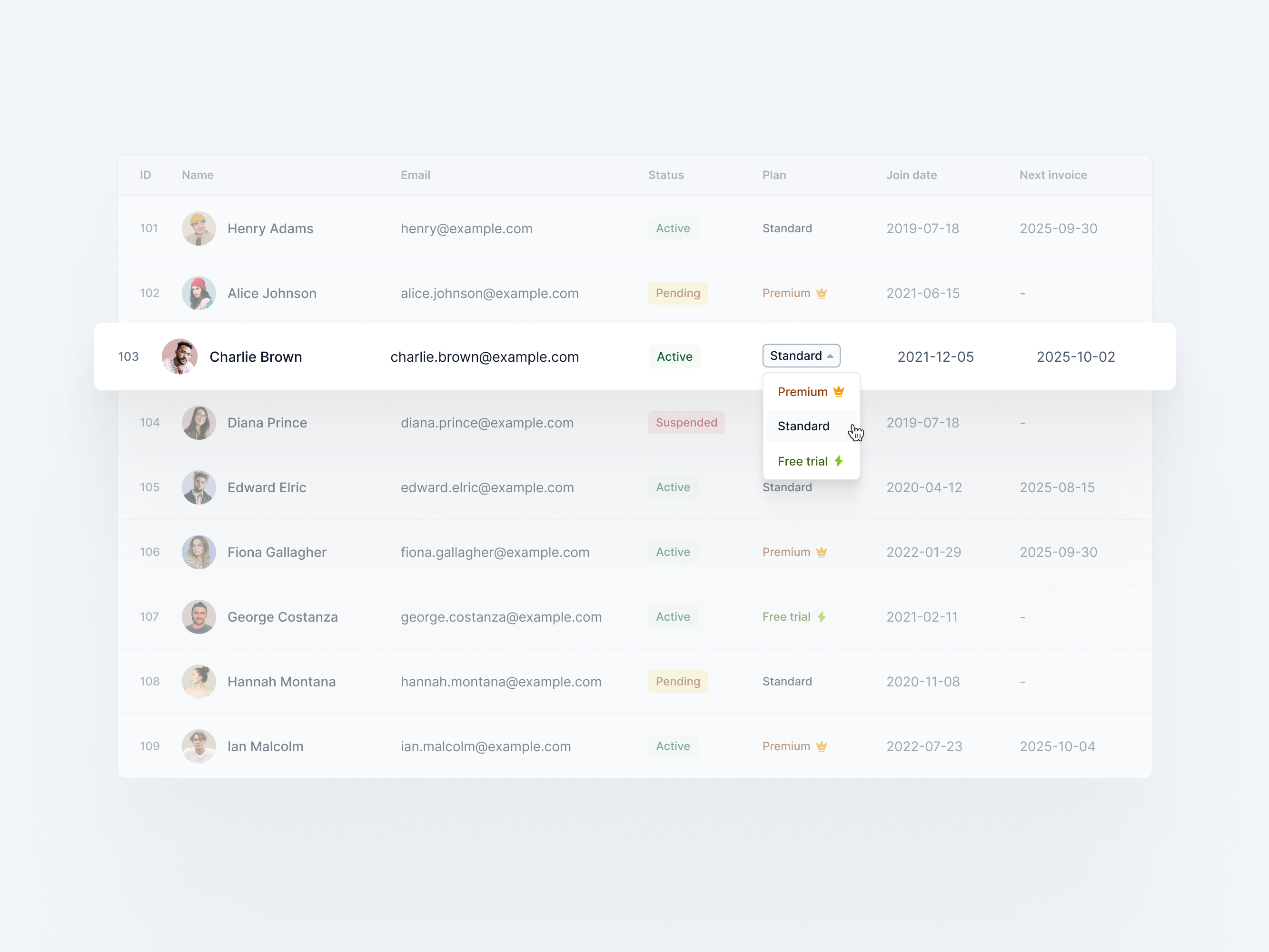 Data Table: Member Subscription clean data light modern table ui
